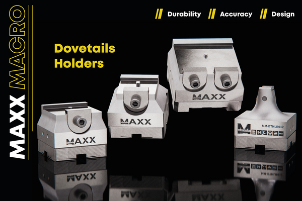 MAXX Macro dovetail holders on a black background with brand name and product features highlighted.
